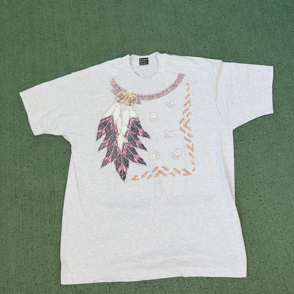 VINTAGE 1995 Native American Design 90's Graphic Gray T Shirt Sz XL